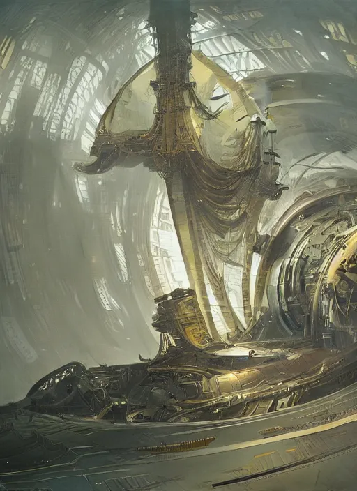 Image similar to epic concept illustration | highly detailed | intricate mechanical design | star fleet nautilus ship being prepared for launch | by greg rutkowski and alphonse mucha. uhd | amazing depth | cinematic lighting