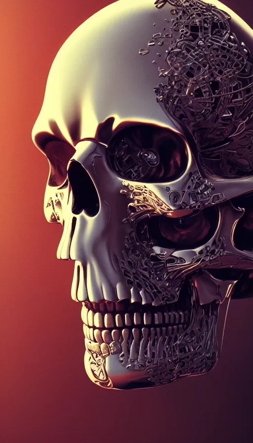 Image similar to portrait of a chrome skull. intricate abstract. intricate artwork. by Tooth Wu, wlop, beeple, dan mumford. octane render, trending on artstation, greg rutkowski very coherent symmetrical artwork. cinematic, hyper realism, high detail, octane render, 8k, depth of field, bokeh. dripping accents