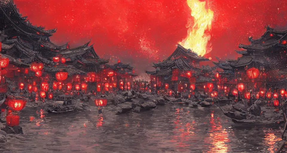 Image similar to craig mullins and ghibli digital art of zhongyuan festival in china ， red lanterns ， gohst door with fire in thes ky, black night sky, stars, below is the crowd, rivers, villages ， unreal engine, hyper realism, realistic shading, cinematic composition, realistic render, octane render, detailed textures, photorealistic, wide shot