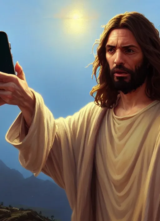 Prompt: Highly detailed portrait of jesus christ taking a selfie with an iphone, in GTA V, Stephen Bliss, unreal engine, fantasy art by Greg Rutkowski, Loish, Rhads, ferdinand knab, Makoto Shinkai and Lois van baarle, ilya kuvshinov, rossdraws, Tom Bagshaw, alphonse mucha, global illumination, radiant light, detailed and intricate environment