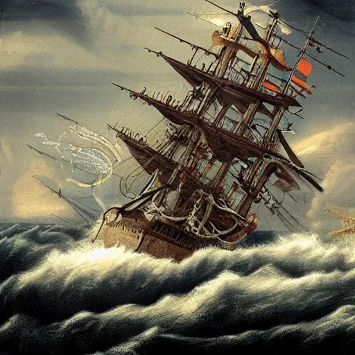 Prompt: a highly detailed hyperrealistic scene of a ship being attacked by giant squid tentacles, jellyfish, squid attack, dark, voluminous clouds, thunder, stormy seas, pirate ship, dark, high contrast