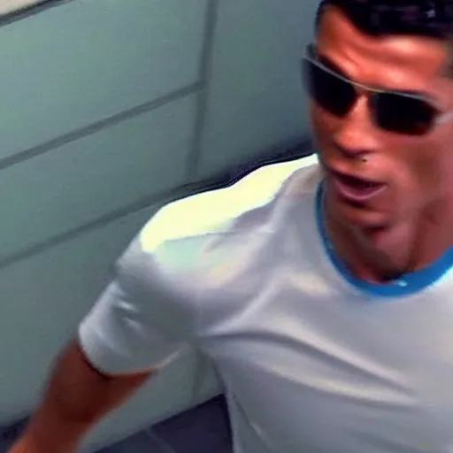 Prompt: security camera footage of cristiano ronaldo robbing a bank, he is holding a gun