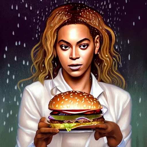 Prompt: portrait of Beyonce eating hamburgers in a downpour of rain, extra onions and ketchup, luscious patty with sesame seeds, feminine ethereal, handsome, D&D, fantasy, intricate, elegant, highly detailed, digital painting, artstation, concept art, matte, sharp focus, illustration, art by Artgerm and Greg Rutkowski and Alphonse Mucha