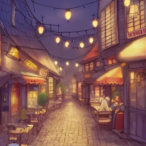 Image similar to beautiful cute cozy little cafe on a cobblestone street in a tiny town, anime style of hayao miyazaki, digital art trending on artstation