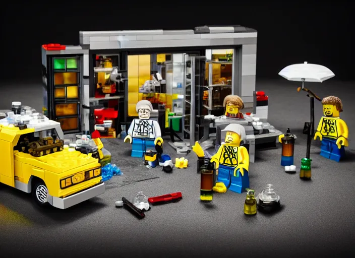 Image similar to product photo still of walter white breaking bad meth lab lego playset, 8 k, 1 2 0 mm macro, f 1. 8, studio lighting, key light