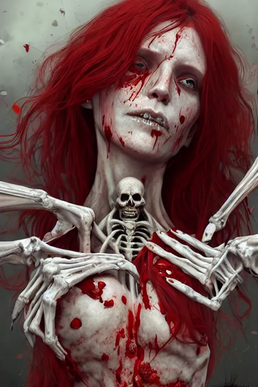 Image similar to woman skeleton covered with blood, long red hair, ultra realistic, concept art, intricate details, highly detailed, photorealistic, octane render, 8 k, unreal engine. mild film still, heavy grain, art by artgerm and greg rutkowski and alphonse mucha