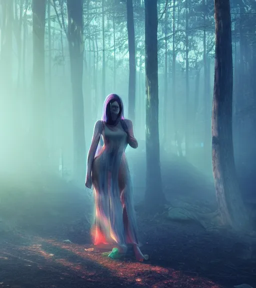 Image similar to daydreaming of the maiden with fuidity transparent dress in the blockchain cyberpunk forest by maciej kuciara, majestic light, octane render, fog, ethereal glare of the sun, rainbow rain, volumetric lighting, hyperealistic, epic, masterpiece