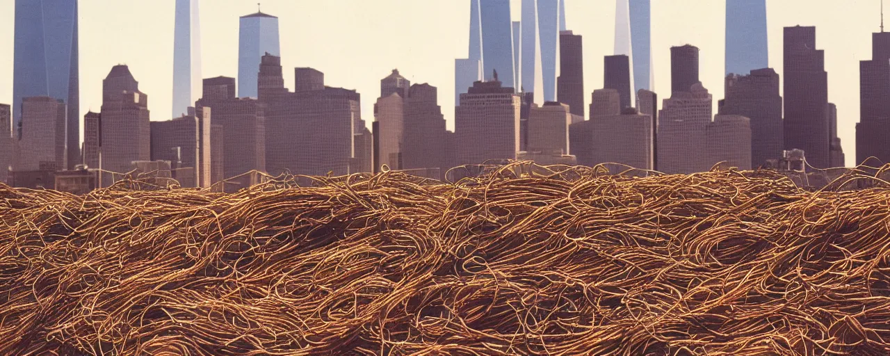Image similar to spaghetti stand with the world trade center in the distance, growing out of the dirt, kodachrome, in the style of wes anderson, retro