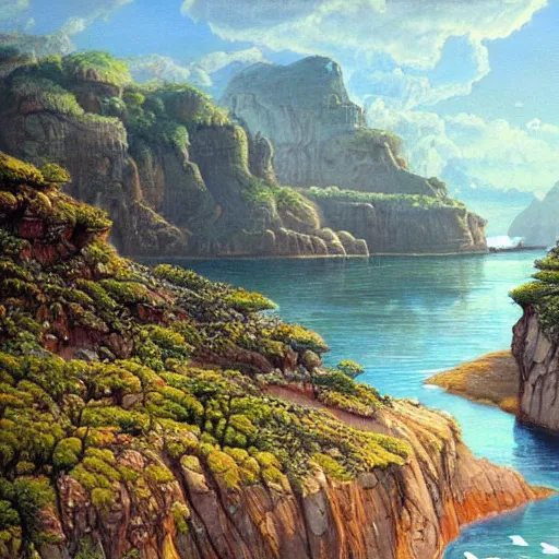 Image similar to painting of a lush natural scene on an alien planet by wojchiech siudmak. beautiful landscape. weird vegetation. cliffs and water.