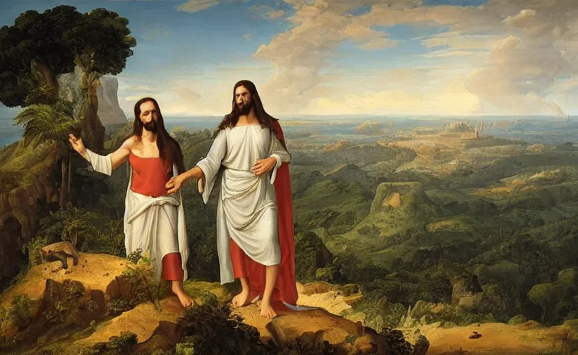 Image similar to jesus and mary magdalene standing on a cliff looking over a beautiful landscape, paradise