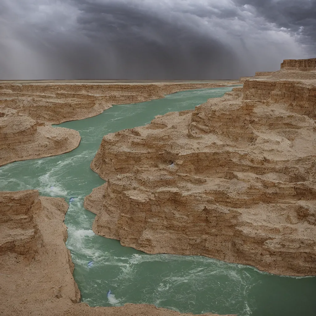 Image similar to photo of green river, wyoming cliffs during thunderstorm. the foreground and river are brightly lit by sun, and the background clouds are dark and foreboding. kodak portra 4 0 0,