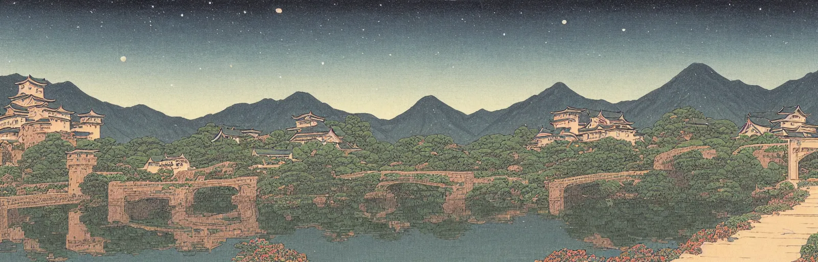 Prompt: landscape painting of multiple large interconnected castles and keeps,moat,bridge,mountains,oil canvas,night sky,by Paul Bril and Kawase Hasui masterpiece,high quality,pretty,fantasy,impossible