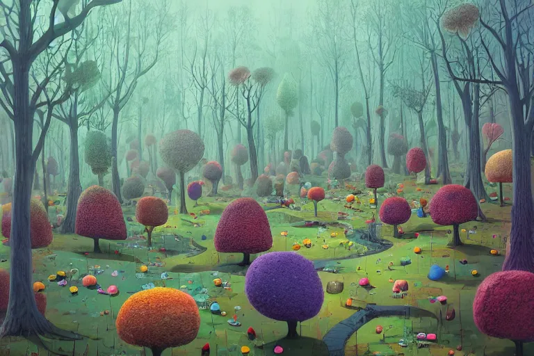 Image similar to surreal glimpse into other universe, inside a marshmallow forest, summer morning, very coherent and colorful high contrast, art by!!!! gediminas pranckevicius!!!!, geof darrow, dark shadows, hard lighting