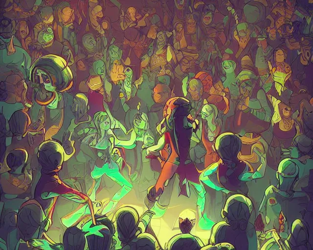 Image similar to a study of cell shaded cartoon of elves raving in a nightclub, illustration, wide shot, subtle colors, post grunge, concept art by josan gonzales and wlop, by james jean, Victo ngai, David Rubín, Mike Mignola, Laurie Greasley, highly detailed, sharp focus, alien, Trending on Artstation, HQ, deviantart, art by artgem