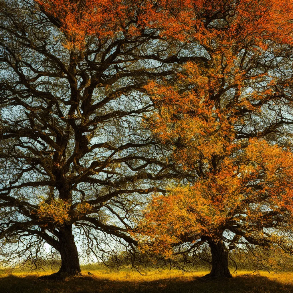 Image similar to lonely old oak with foliage in winter, spring, summer and autumn colors, the tree is growing on a meadow, cinematic lighting, photo realistic image, 4K, super detailed, cinematic look