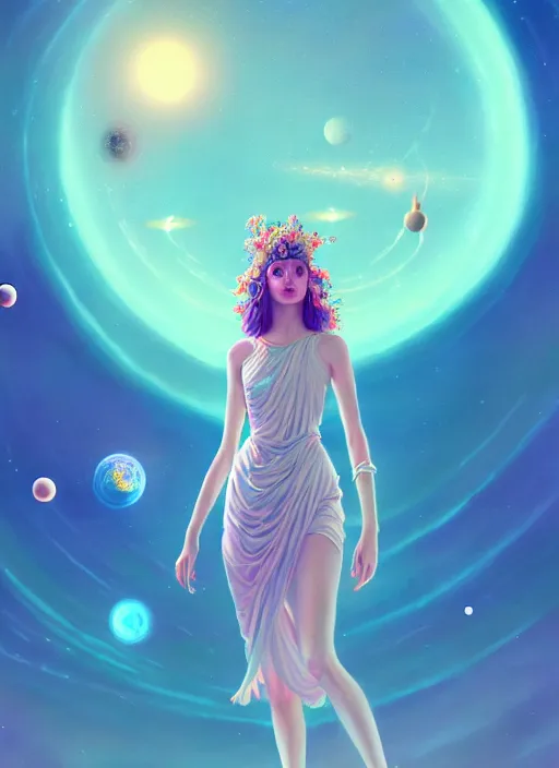 Image similar to a beautiful goddesses, full body, planets, sky, dream, highly detailed, digital painting, refreshing, trending on artstation, octane render, illustration by james jean