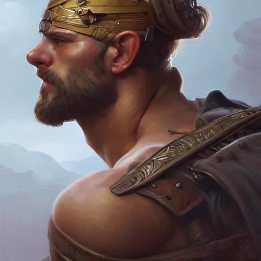 Image similar to portrait of a rugged ranger, muscular, upper body, 🍑 🍑 🍑 , D&D, fantasy, intricate, elegant, highly detailed, digital painting, artstation, concept art, smooth, sharp focus, illustration, art by artgerm and greg rutkowski and alphonse mucha