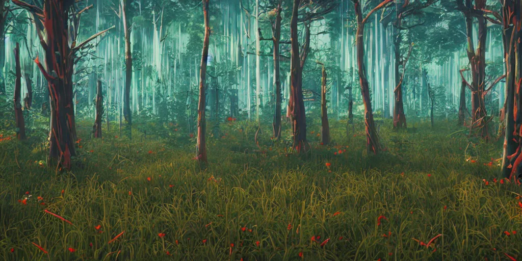 Image similar to abstract 3d landscape forest painting by james jean and David Schnell with 1 year old trees painted in no mans sky style, redshift, octane