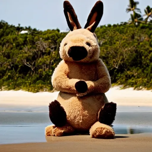 Image similar to an adorable fierce furry chubby monster with long floppy rabbit ears teddy bear body and wolf legs, Smiling at the camera with a mischievous grin, happy lighting, at a tropical beach