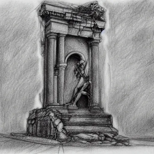 Prompt: The street is in ruins. A ruined statue. Fantasy. Pencil drawing
