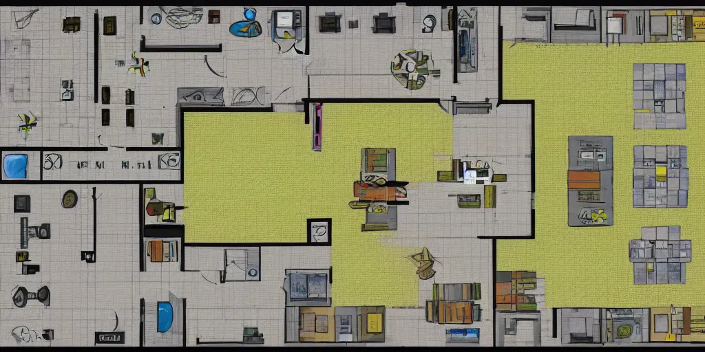 Image similar to small architectural floor plan gears of war map, symmetrical outpost, circular generator nuclear reactor, colourful