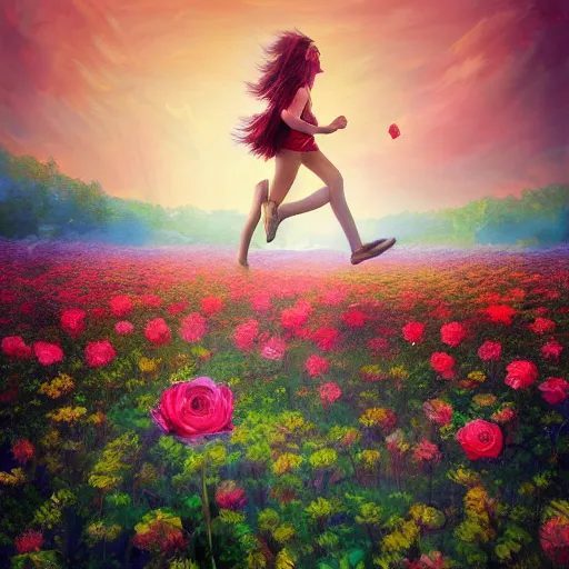 Prompt: giant rose flower head, full body girl running through a flower field, surreal photography, sunrise, dramatic light, impressionist painting, colorful clouds, digital painting, artstation, simon stalenhag