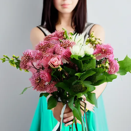 Image similar to anime girl holds a bouquet,