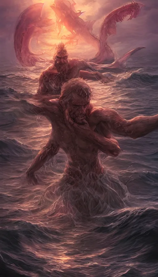 Prompt: man on boat crossing a body of water in hell with creatures in the water, sea of souls, by artgerm