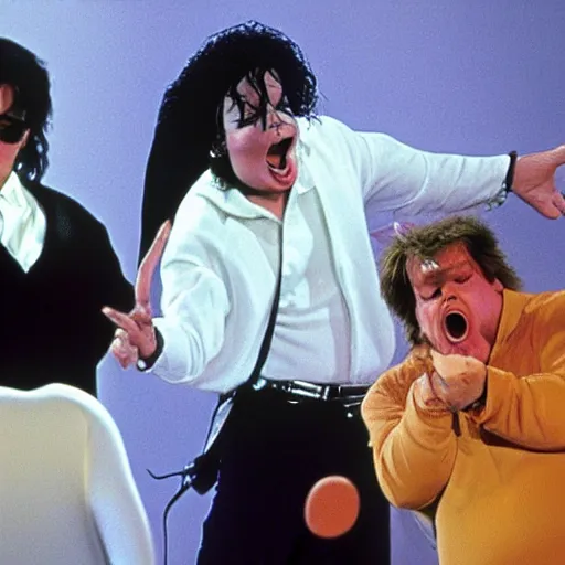 Prompt: mad michael jackson yelling at sad chris farley for messing up his bob ross painting