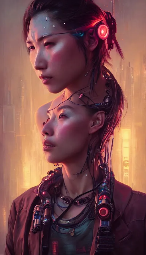 Prompt: cyberpunk, perfectly-centered-Portrait of the most beautiful women on the planet, sweaty, asian, insane, intricate, highly detailed, digital painting, artstation, concept art, smooth, sharp focus, illustration, Unreal Engine 5, 8K, art by artgerm and greg rutkowski and alphonse mucha