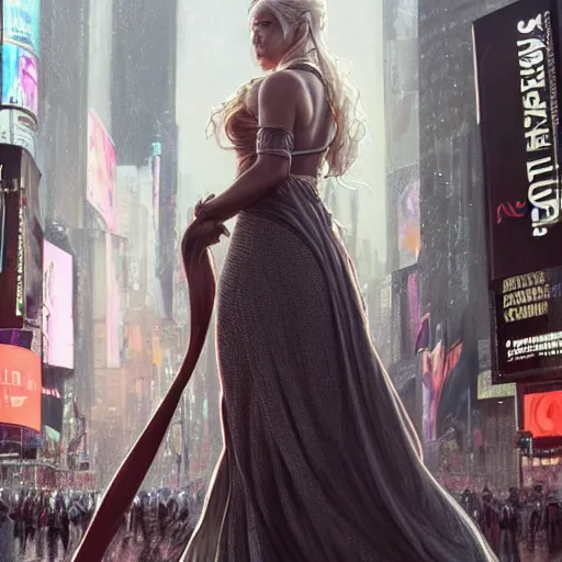 Image similar to full figure ultra realistic illustration, daenerys targaryen in times square, intricate, elegant, highly detailed, digital painting, artstation, concept art, smooth, sharp focus, illustration, art by artgerm and greg rutkowski and alphonse mucha