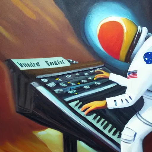 Image similar to a detailed oil painting of an astronaut playing keyboard