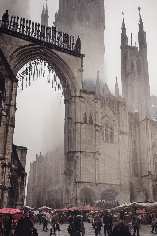 Prompt: a photo of a sprawling, medieval market in a huge city of large stonebuildings, tall towers and spires. Early morning, low hanging mist. Low camera angle. Wide lens.