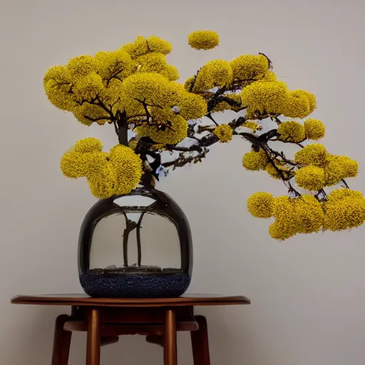 Prompt: a photo of 8k Ikebana in flower vase, ikenobo, ohararyu, sougetsu, wide angle, full body, sony a7r3, ultra detail, photorealistic, in simple background