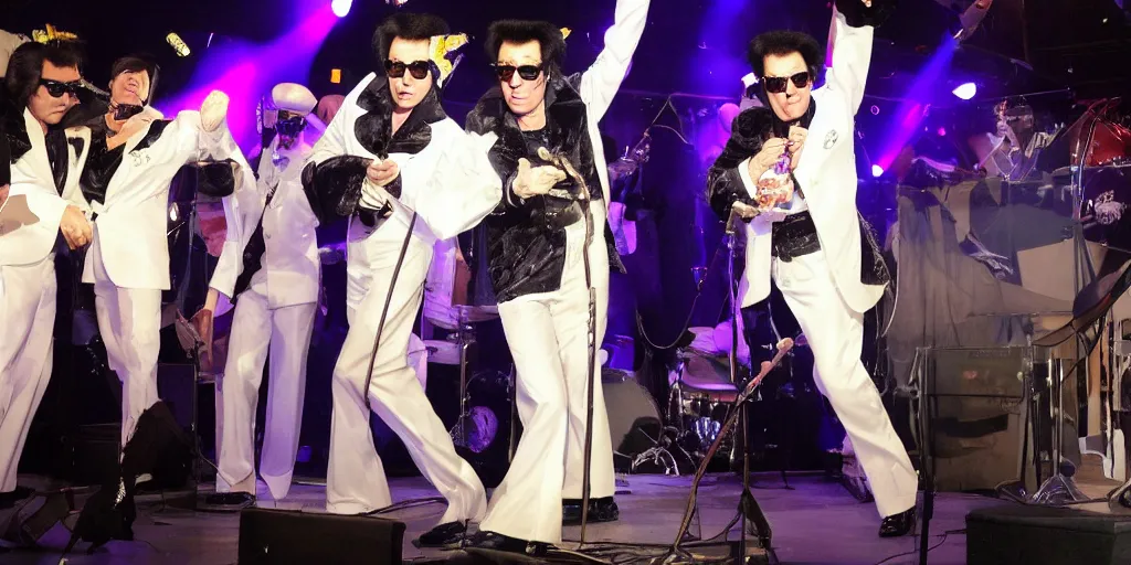 Prompt: serval elvis impersonators on stage collapsing, photorealistic