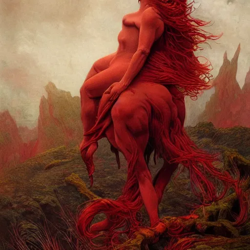 Image similar to a masterpiece! photographic portrait of a scarlet - colored beast with seven ( 7 ) heads and ten ( 1 0 ) horns by gustave dore and stephen hickman and allen williams, trending on artstation, cgsociety, 8 k hd, earthtone colors, a cloaked woman riding the back of the beast