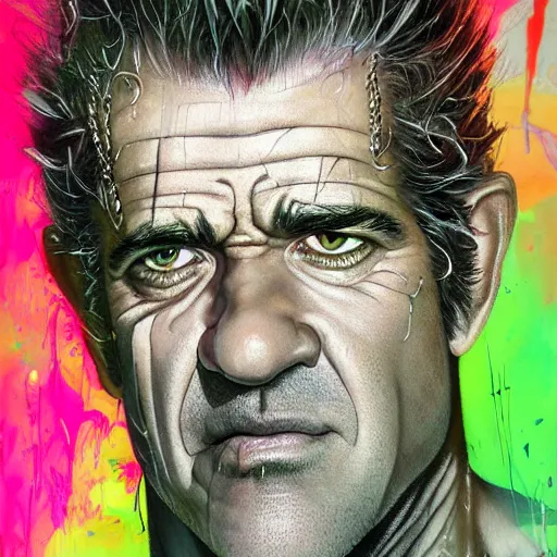 Image similar to a Demon Slayer portrait of Mel Gibson, tall, pale-skinned, slender with lime green eyes and long eyelashes by Stanley Artgerm, Tom Bagshaw, Arthur Adams, Carne Griffiths, trending on Deviant Art, street art, face enhance, chillwave, maximalist, full of color, glittering