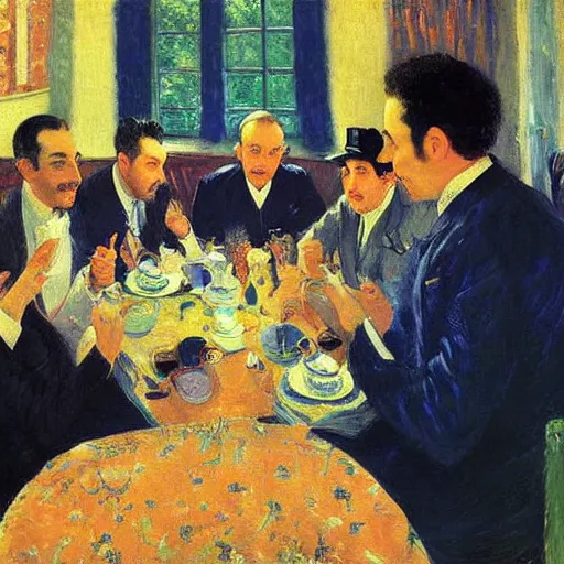 Image similar to seinfeld fancy tea party, digital art, illustration, highly detailed, warm color scheme, soft lighting, sharp focus, gustave caillebotte, pyotr konchalovsky