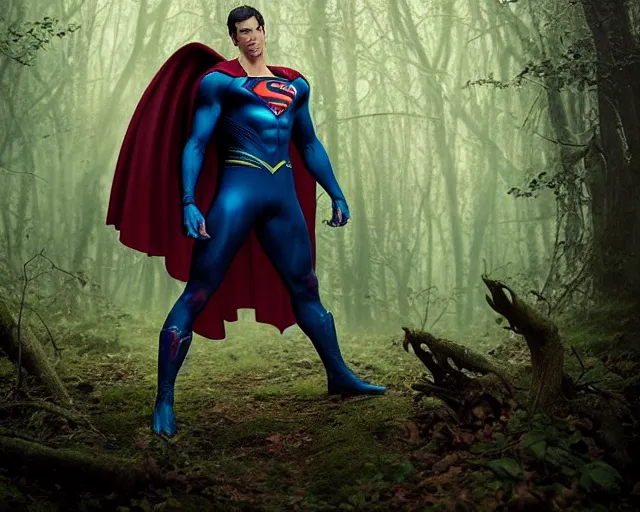 Image similar to 5 5 mm portrait photo of a demonic undead superman in a magical forest. magical atmosphere. art by greg rutkowski and luis royo. highly detailed 8 k. intricate. lifelike. soft light. nikon d 8 5 0.