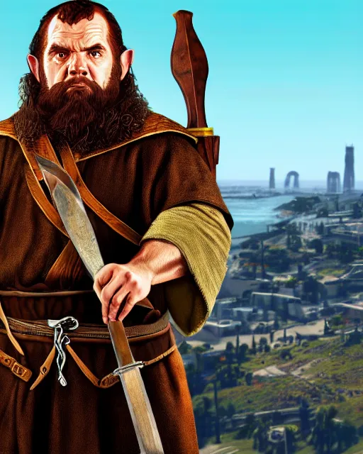 Image similar to Gimli from Lord of the rings in GTA V, Cover art by Stephen Bliss, boxart, loading screen, 8K resolution