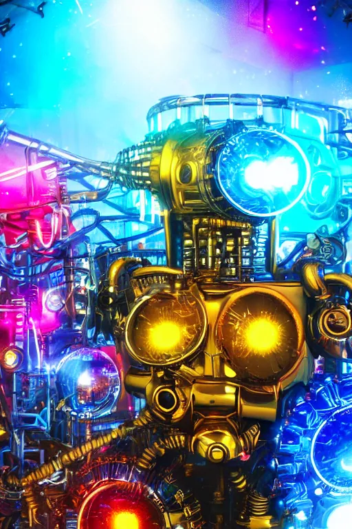 Image similar to portrait photo of a giant huge golden and blue metal futuristic steampunk robot covered with multicolored big guitars and gears and tubes, eyes are glowing red lightbulbs, shiny crisp finish, 3 d render, 8 k, insaneley detailed, fluorescent colors, background is multicolored lasershow