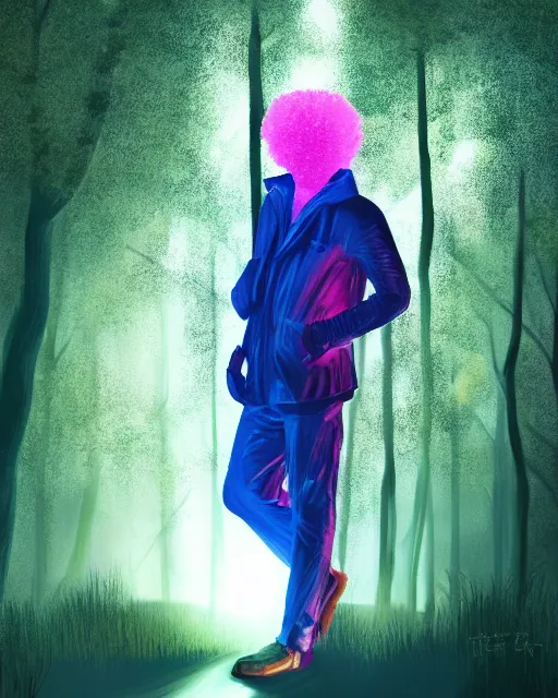 Image similar to man with glowing pink afro wearing disco jacket, standing in atmospheric spring forest at night, photoshop digital painting, best of artstation 4 k