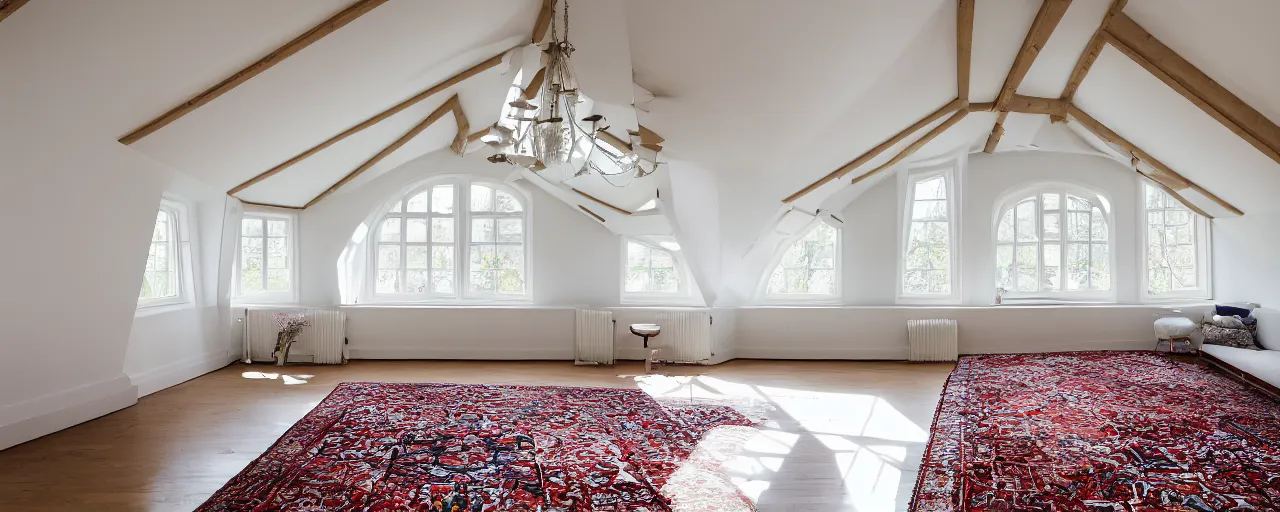 Image similar to low ceiling attic, white painted ceiling, with 2 rectangular windows opposing each other, with a large square window in the back right corner of the room, with exquisite turkish and persian rugs, polished plywood floor, XF IQ4, 150MP, 50mm, F1.4, ISO 200, 1/160s, natural light