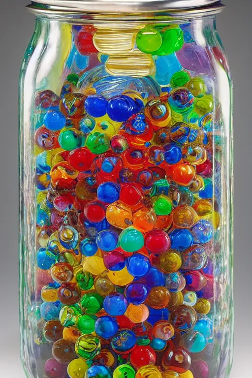 Prompt: A mason jar filled with glass marbles, by Roberto Aizenberg, Michael Kaluta, Zdzisław Beksiński, Dan Mumford and Thomas Kinkade