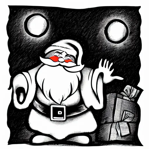 Image similar to evil santa claus, black and white illustration