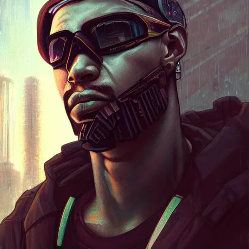 Prompt: A portrait of a cyberpunk thug guy on a parking lot in a Soviet slum on the moon, Norilsk, sci-fi, fantasy, intricate, very very beautiful, elegant, highly detailed, digital painting, artstation, concept art, smooth, sharp focus, illustration, art by artgerm and greg rutkowski and alphonse mucha and evgeny zubkov