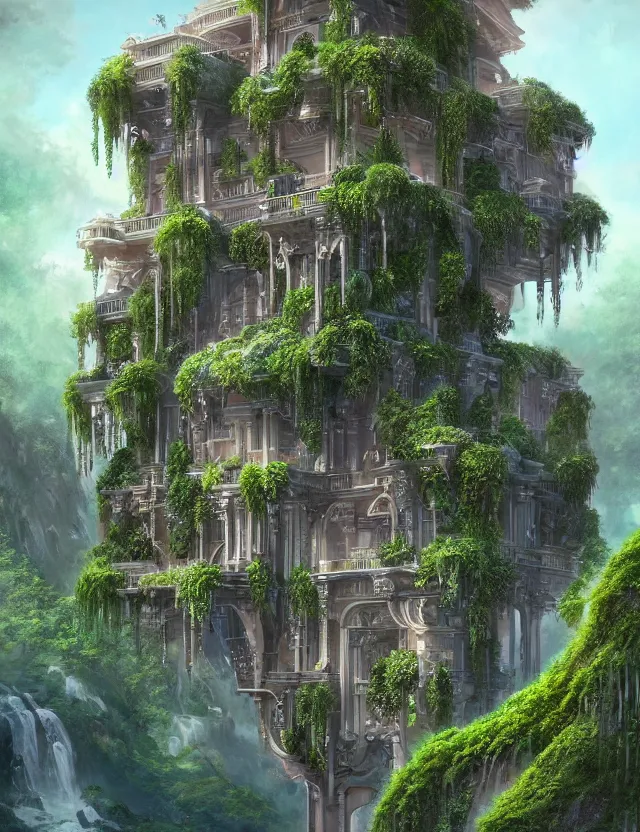 Image similar to a beautiful illustration of a fluid form future mansion with hanging gardens, trending on artstation, digital art, 4 k resolution, detailed, high quality, sharp focus, hq artwork, coherent, insane detail