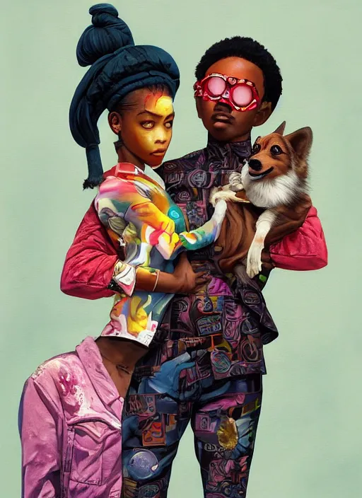 Prompt: beautiful portrait painting of a cute African lofi cyberpunk princess and her corgi assassin king, by Afarin Sajedi, Alessandro Barbucci, Alex Gross, Shin Jeongho, Shohei Otomo. trending on Artstation, 8k, masterpiece, face enhance, graffiti paint, fine detail, full of color, intricate detail, golden ratio illustration