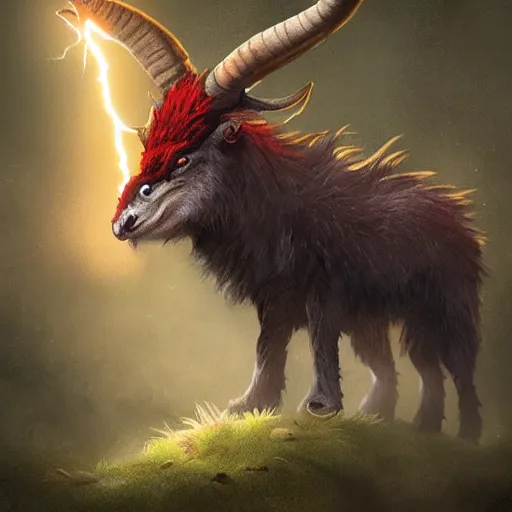 Prompt: creature fluffy animal with horns and short legs and arms and red eyes, red eyes, red eyes, forest scene, highly detailed, cinematic lightning, epic fantasy style art