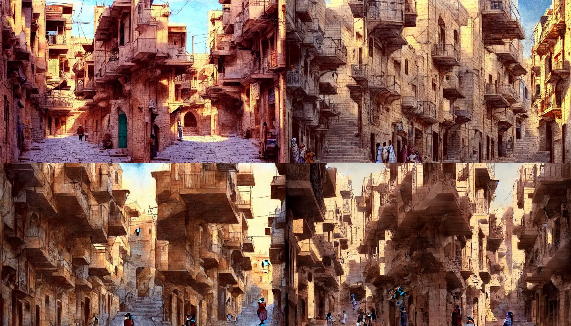 Prompt: beautiful film still depicting streets of mardin old town in kurdistan by hayao miyazaki, artstation